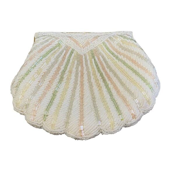 Antique Vintage 1950s Pearl Beaded Seashell Fancy Gold Chain Clutch Purse - Picture 4 of 11